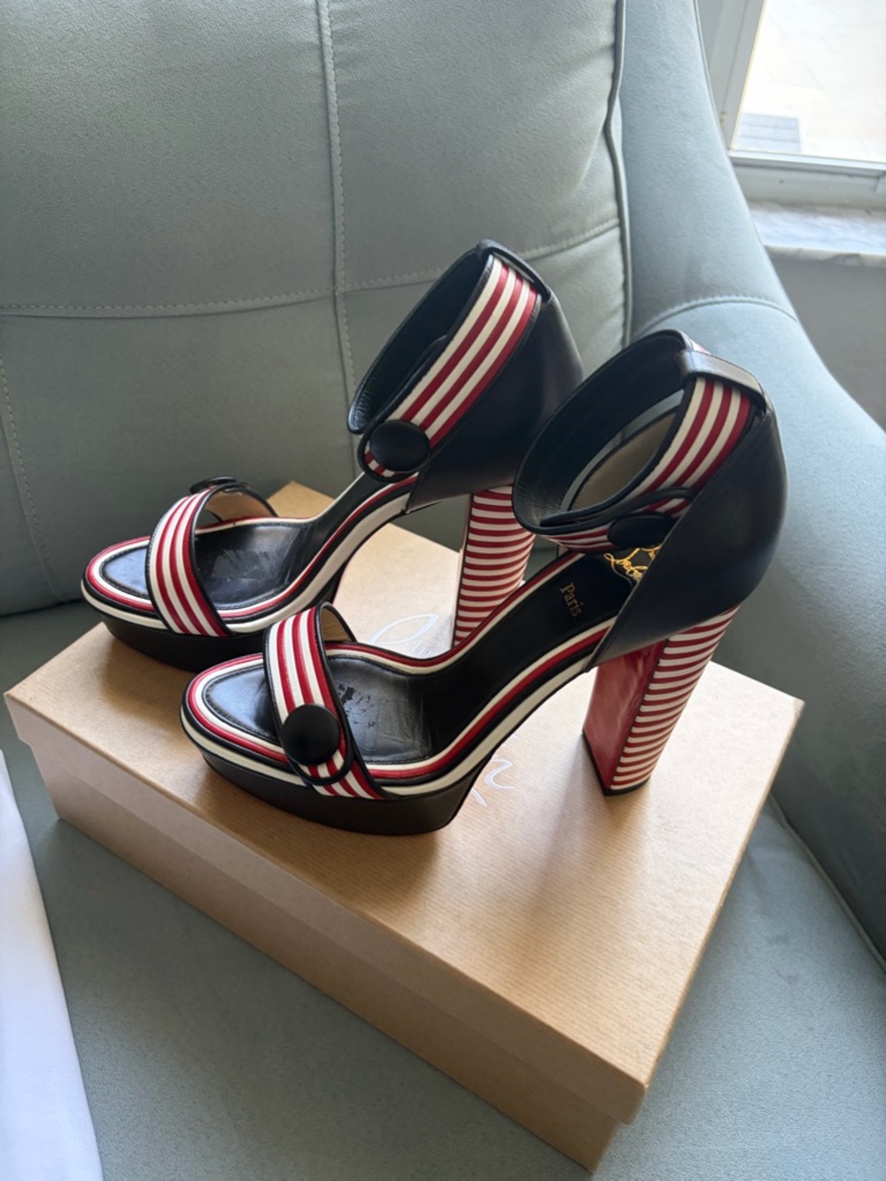 Women’s Blue and Red Striped Platform Sandals Like New Christian Louboutin